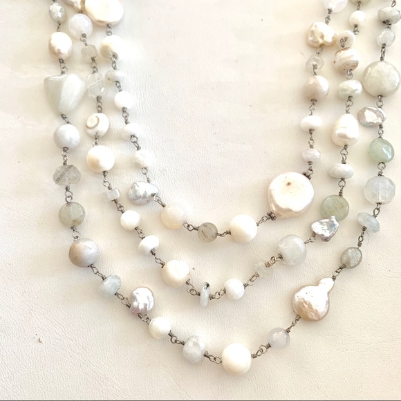 Triple Strand white Multi strand gem necklace